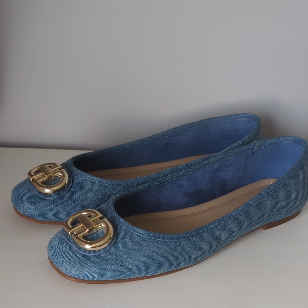 Aldo Denim Blue Flats with Gold Buckle